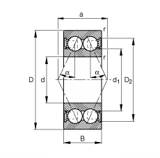 角接觸球軸承 3002-B-2RSR-TVH, 雙列，雙側唇密封，接觸角 α = 25°